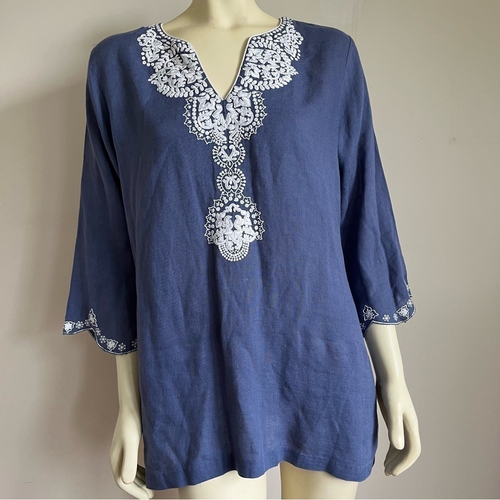 BELLA Tu Women’s Linen 3/4 Sleeves Embroidery Trimmed Tunic Top Blue White L XL